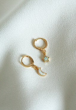 opal star and moon huggie hoop earrings