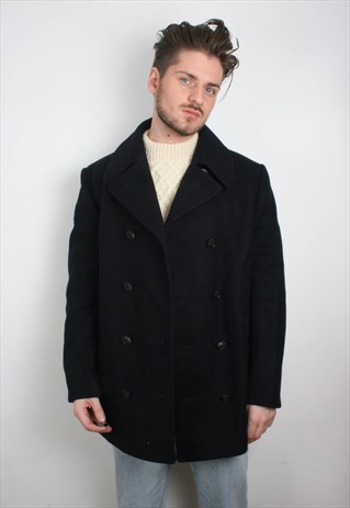 VINTAGE NAVY BLUE WOOL MIX DOUBLE BREASTED PEA JACKET COAT