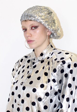 80S VINTAGE SILVER SEQUIN BERET HAT SPARKLE GLAM