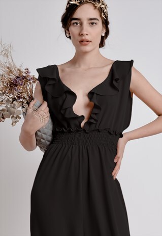 BLACK BAREBACK RUFFLE JUMPSUIT