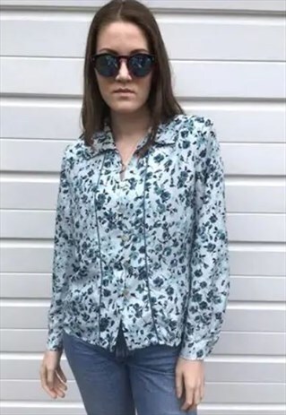 WOMENS VINTAGE 80S BLOUSE BLUE FLORAL BOHO LONG SLEEVE SHIRT