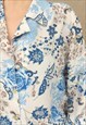 VINTAGE WHITE BLUE PAISLEY PRINT TOP, POLYESTER BUTTON UP