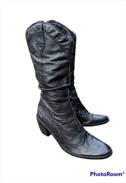 Vintage Y2K Cowboy Boots Western Black Leather 