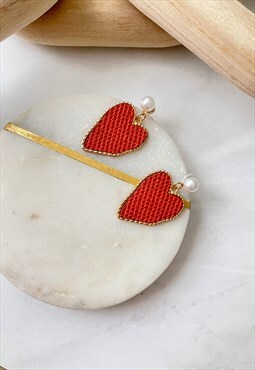 Gold Faux Pearl Red Heart Dainty Dangle Earrings