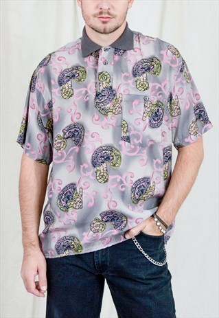 PRINTED POLO SHIRT RETRO COLLARED SHORT SLEEVE TOP VINTAGE L