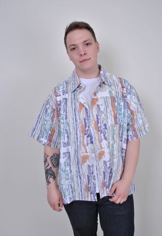 80S RETRO ABSTRACT PRINT SHIRT, VINTAGE SUMMER MULTICOLOR