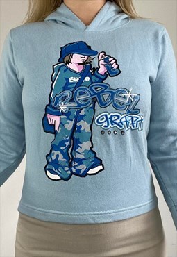 Early 00s baby blue graffiti skater boy fitted hoodie 