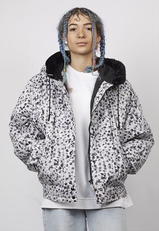 VINTAGE 90'S BRUSH ANIMAL PRINT HOODED PUFFER JACKET