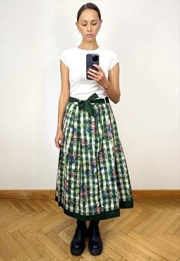 Vintage Green Plaid Floral A-Line Midi Skirt