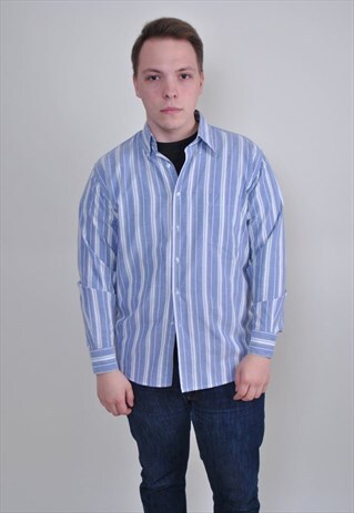 90S MEN'S STRIPED SHIRT, BUTTON DOWN FOR WORK, SIZE L