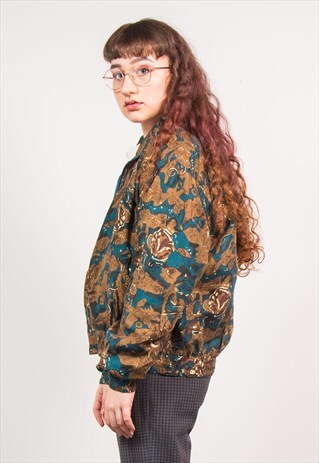VINTAGE 90'S BROWN & BLUE FLORAL PATTERN SILK BOMBER JACKET