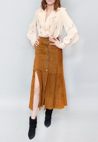 VINTAGE 1970'S SOFT BROWN SUEDE BUTTON FRONT MIDI SKIRT