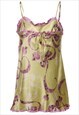 VINTAGE FLORAL PRINT LIGHT GREEN & PINK SILKY SLIP DRESS - M