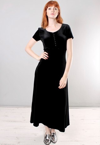 VINTAGE 80S BLACK VELVET BUTTON MAXI DRESS