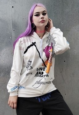 Graffiti slogan hoodie teddy bear pullover in cream 