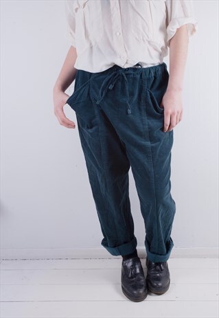 VINTAGE LOOSE FITTING CORDUROY TEAL TROUSERS