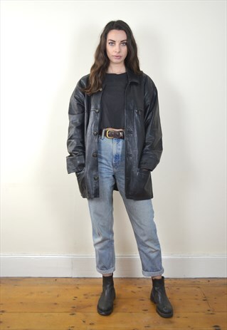 80S VINTAGE BLACK LEATHER BUTTON UP JACKET