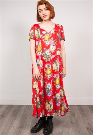 VINTAGE 90'S RED FLORAL MIDI DRESS