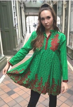 Green ethnic style boho mini tunic dress 