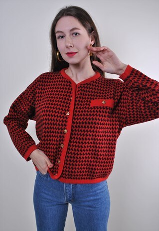 ABSTRACT CARDIGAN, WOMEN CASUAL SWEATER, RED BLACK BUTTON