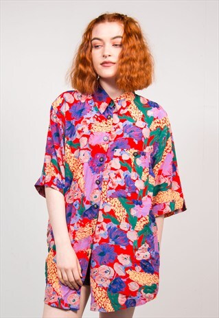 VINTAGE 90'S MULTICOLOUR BRIGHT FLORAL PATTERN BLOUSE SHIRT