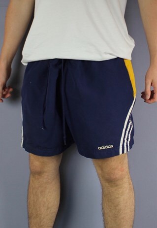 VINTAGE ADIDAS SHORTS IN NAVY WITH POCKETS, EMBROIDERED LOGO