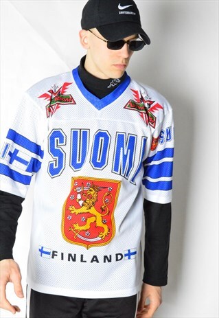 VINTAGE 90S WHITE FINLAND HOCKEY JERSEY T-SHIRT