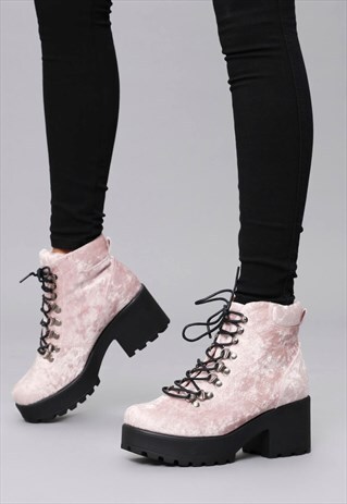 BEIJING SKI HOOK CHUNKY PLATFORM PINK VELVET HIKING BOOTS