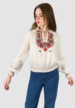 70's Vintage White Ladies Embroidery Long Sleeve Blouse 