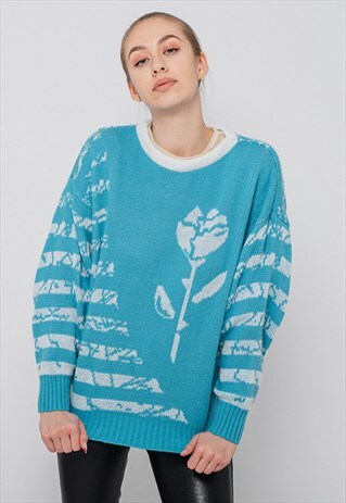 VINTAGE 80S BOXY FIT KNITTED JUMPER IN PASTEL BLUE