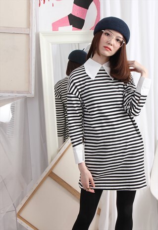 BRETON STRIPE JERSEY DRESS WITH WHITE SHIRT COLLAR/ CUFFS