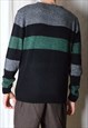 VINTAGE 90S BLACK GREEN GREY STRIPED LIGHTWEIGHT SWEATER