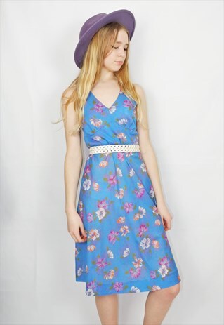 VINTAGE 70S BOHO HALTER SKATER MINI DRESS - BLUE FLORAL XXS