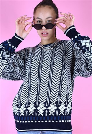 VINTAGE 90S KNIT JUMPER GEOMETRIC PATTERN BLUE WHITE