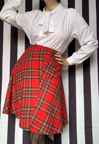 VINTAGE 70S MINI RED TARTAN A-LINE SKIRT, UK14 HANDMADE