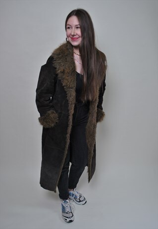 VINTAGE LEATHER TOPCOAT, FAUX FUR COLLAR LEATHER FALL COAT