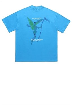 Skeleton print t-shirt grunge top Goth angel retro tee blue