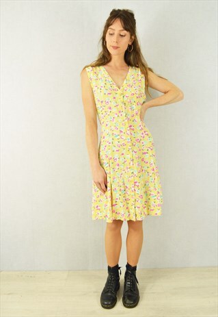 VINTAGE 90S MIDI SHIRT DRESS BUTTERCUP YELLOW FLORAL V NECK