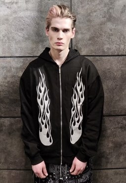 Silver flame hoodie premium metallic fire pullover black