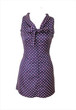 60s Blue/Pink Spotted Vintage Mini Bow Neck Tie Dress