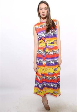 VINTAGE 1970'S 70'S RAINBOW STRIPED HORSES & ZEBRAS MAXI M-L