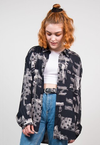 90'S MONOCHROME PATTERN OVERSIZE GRUNGE SHIRT