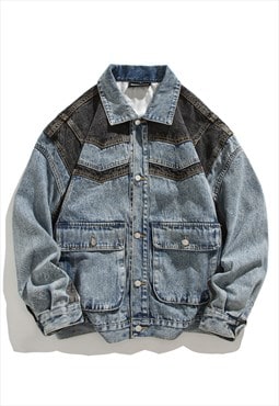 Reworked denim jacket blue bleach utility pocket jean bomber