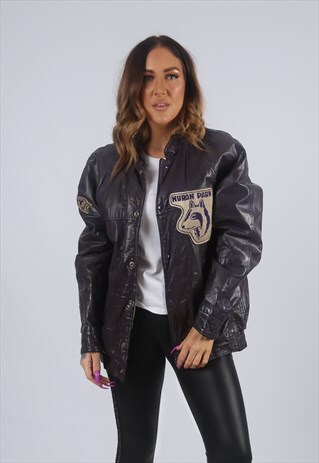 VINTAGE VARSITY LEATHER JACKET OVERSIZED BOMBER 14 - 16 DK2N