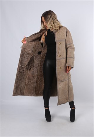 SHEEPSKIN SUEDE SHEARLING LONG COAT JACKET UK 12 (CK2A)