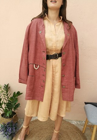 VINTAGE 90S LONG LINEN BUTTON DOWN JACKET BLAZER IN BROWN