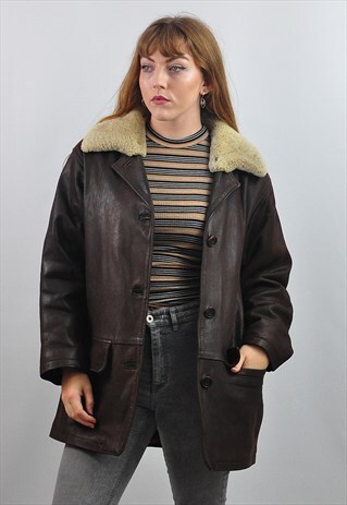 VINTAGE NURSEY'S DARK BROWN LEATHER FAUX FUR COLLAR JACKET