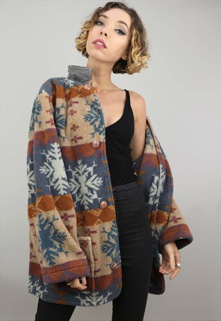 VINTAGE 90S OVERSIZED PATTERNED TEDDY SHERPA FLEECE