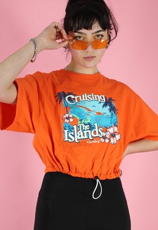 REWORKED CROP TOP IN ORANGE WITH CARIBBEAN PRINT