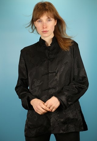 VINTAGE 90S BLACK CHINESE CHANGSHAN TOP WITH BOTTONS